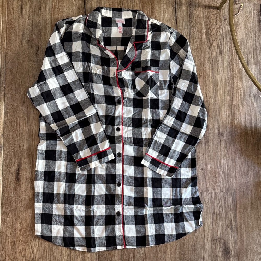 Buffalo Plaid Button Down Sleeper Gown Red Trim
